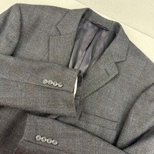 Joseph & Feiss Gold Mens 46R Blazer Jacket 100% Wool Gray Blue Plaid 2-Button
